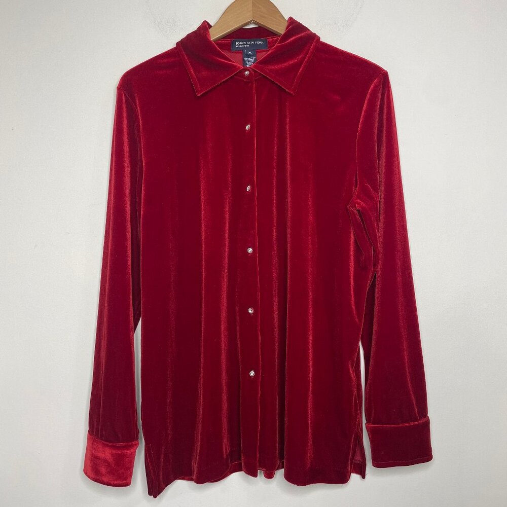 Jones New York Red Velvet Jeweled Rhinestones Buttons Shirt XL Holiday - Picture 5 of 15